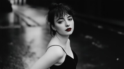 Naklejka premium Moody Black-and-White Street Portrait of a Woman