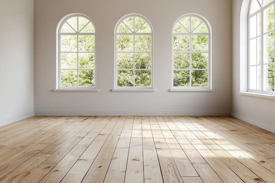 Spacious empty room with warm wooden flooring and large arched windows allowing natural light to fill space, creating bright and inviting atmosphere