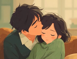 K-Pop Romance Korean Manga Illustration of a Young Couple Hanging Out	