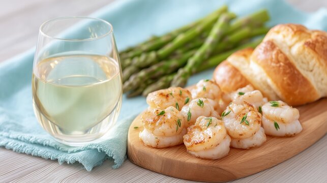 Seared shrimp with fresh herbs served alongside roasted asparagus, soft dinner rolls and a glass of chilled white wine perfect for seafood dining visuals and summer meal inspiration
