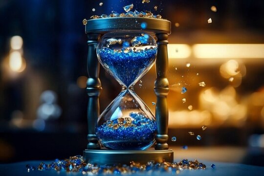 Captivating crystals cascade within an hourglass, signaling urgency.