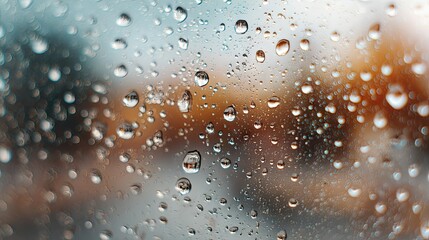Abstract background of water droplets on glass with soft focus rain outside