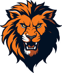 Logo of an angry lion with a lush mane and beautiful eyes, lion head icon in orange colors.