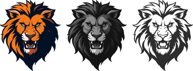 Fototapeta premium Set of logos of an angry lion with a lush mane and beautiful eyes, lion head icon vector.