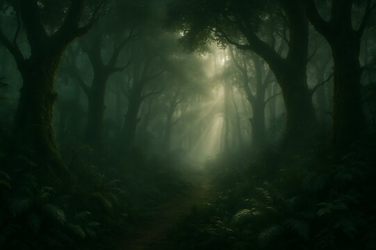 dark forest in the fog