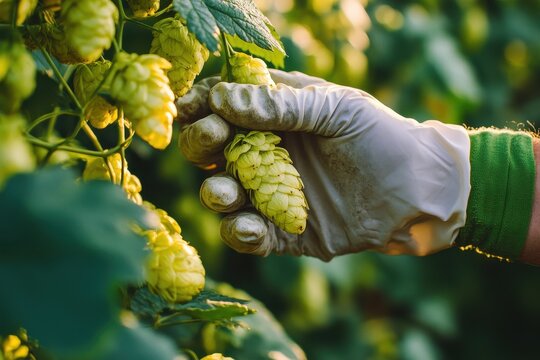 Hops Farm. Farmer Inspecting Hop Cone with Gloved Hand on Hops Yarn