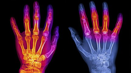 Obraz premium Anterior-posterior view of a wrist and hand X-ray with color-enhanced bone details for educational use