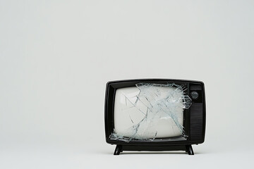 Retro TV with shattered screen on neutral background. Captures damage, obsolescence, and the end of an era, symbolizing technological change.