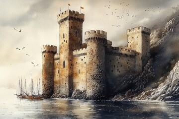 Fototapeta premium Vintage depiction of a fisherman's village surrounding a regal castle.
