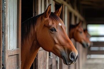 Fototapeta premium Horses In Stalls. Beautiful Bay Horses in Horse Boxes at the Stable