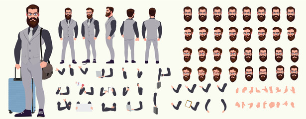 Man Character design. Front, side, back view and explainer animation poses. Character set with lip sync and facial expressions of Happy, angry, sad, Joy with Side walk cycle animation sequence sprite 
