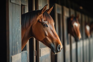 Fototapeta premium Horses In Stalls. Beautiful Bay Horses in the Barn Animal Stalls