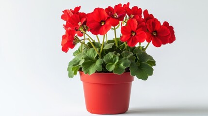 Radiant red blooms in a compact red flower pot placed symmetrically on a seamless white background