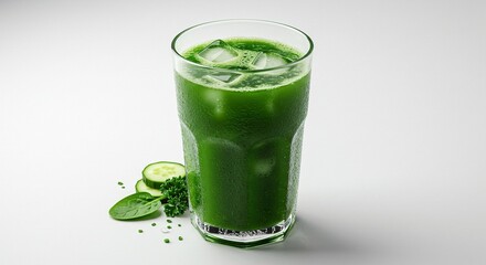 Refreshing Green Smoothie with Cucumber, Spinach and Ice Cubes on White