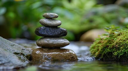 Stacked stones in a stream surrounded by lush greenery creating a serene and balanced composition
