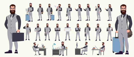 Man Character design. Front, side, back view and explainer animation poses. Character set with lip sync and facial expressions of Happy, angry, sad, Joy with Side walk cycle animation sequence sprite 