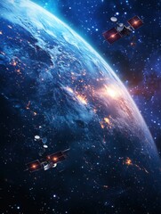 Satellites orbiting Earth from space view with city lights and stars in the background high angle