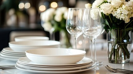 Close up of a table setting with white plates glasses and flowers in vases for a formal event