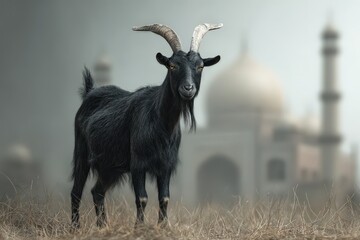 Black goat in a hazy landscape foregrounded.