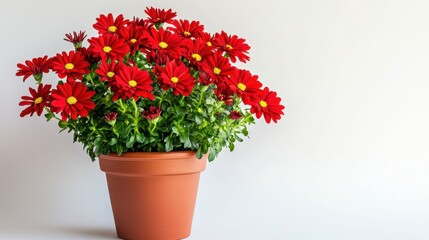 Rich red floral blooms placed in a designer pot centered neatly against a white background in studio lighting