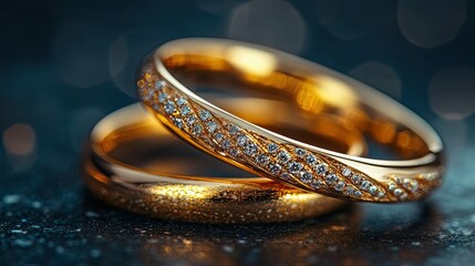 Close up view of two gold wedding rings one with diamonds on a dark blurred background