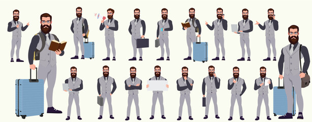 Man Character design. Front, side, back view and explainer animation poses. Character set with lip sync and facial expressions of Happy, angry, sad, Joy with Side walk cycle animation sequence sprite 