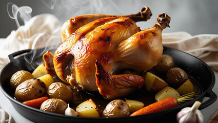 Freshly roasted whole chicken in skillet with carrots, potatoes, and garlic. Golden skin, homey lighting, ideal for lifestyle and cookbook images.