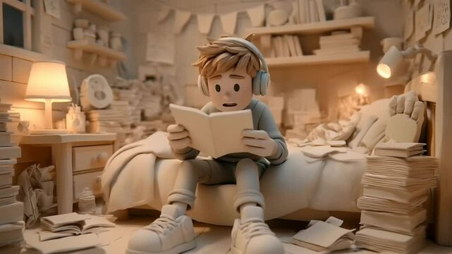 Teenager stressed while studying for big exams in messy room