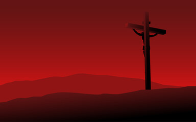 Simple minimalist biblical vector illustration series in red tone colors, back view of Jesus on the cross wearing a crown of thorns