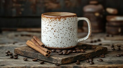 A speckled mug of coffee with cinnamon sticks and coffee beans on a rustic wooden surface and background