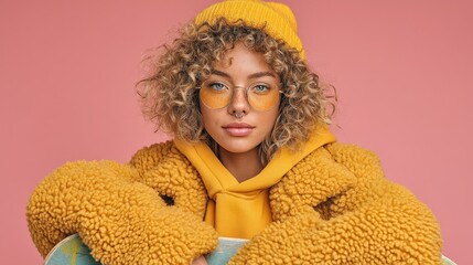 A stylish teenage girl leans on her skateboard, dressed in a fuzzy yellow jacket and matching beanie, against a pink backdrop. She portrays confidence and youthful energy