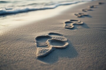 Footprints trail across wet sand, embodying a serene and timeless stroll by the ocean's edge at dusk.
