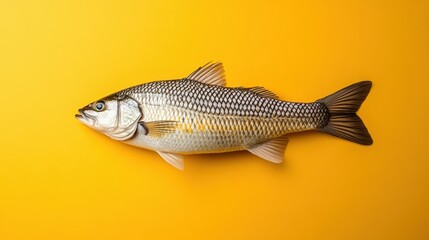 Naklejka premium Single striped bass fish photographed top-down on plain orange, capturing scale texture and coloration