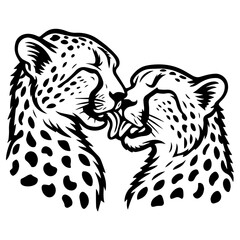 Two cheetahs nuzzling and licking each other, black and white vector illustration showing affection and animal love