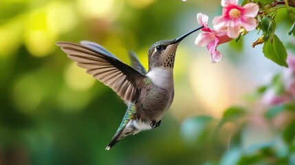 Fototapeta premium Hummingbird On White. A Beautiful Hummingbird with Rose of Sharon Blossom in Backyard