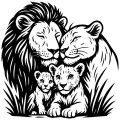 Lion family with two cubs cuddling in grass, black and white vector illustration showing love, unity, and wildlife parenting