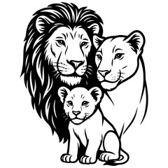 Lion, lioness, and cub in a close family pose, black and white vector illustration symbolizing strength, unity, and wildlife parenting