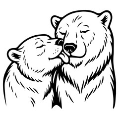Two bears cuddling and licking, black and white vector illustration showing affection, love, and tenderness in wildlife