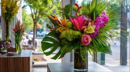 Fototapeta premium Bold and structured bouquet with tropical flowers and greenery arranged in a modern floral shop