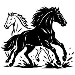 Two galloping horses in motion, black and white vector illustration with dynamic lines and detailed manes
