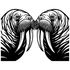 Two walruses facing each other in symmetrical pose, black and white vector illustration with bold tusks and detailed whiskers