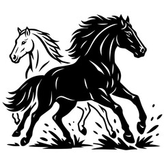 Two galloping horses in motion, black and white vector illustration with dynamic lines and detailed manes