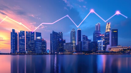 Fototapeta premium Skyline with an upward trend graph, illustrating financial growth. City buildings, sky, water