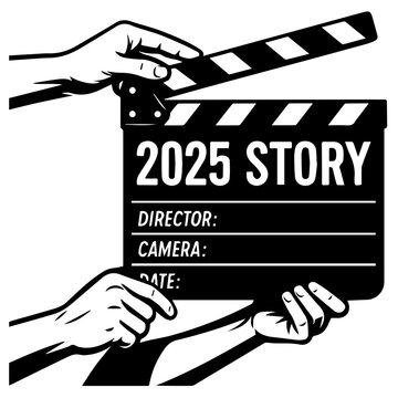 Film clapperboard labeled &ldquo;2025 Story&rdquo; held by hands, black and white vector illustration symbolizing a new creative chapter or cinematic journey