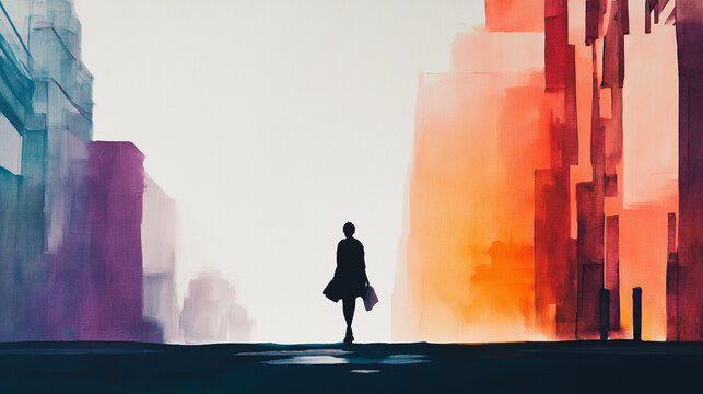 Minimalist Silhouette Woman Walking Between Buildings – National Simplicity Day Concept - Powered by Adobe