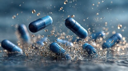 Capsules erupting from water with droplets frozen in air, symbolizing freshness and fast action