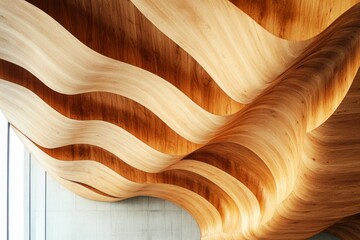 Flowing wooden forms create a ceiling display that resembles gentle waves, weaving a narrative of elegance and innovative architectural design.
