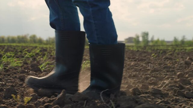 Farmer walks in rubber boots on plowed land. Farmers feet in rubber boots, field with young green sprouts. Businessman grows food. Agricultural business. Grow grain, vegetables. Fertile soil, shoots