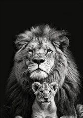 Majestic male lion and his cub, a powerful black and white portrait showcasing the bond between father and son.  A symbol of strength and family.