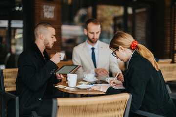 Three business professionals collaborating and sharing ideas while discussing plans at an outdoor cafe.